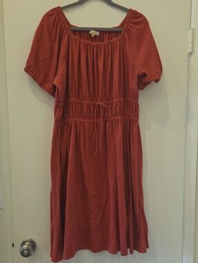 DownEast Burnt Orange Peasant-Style Midi Dress with Waist Tie